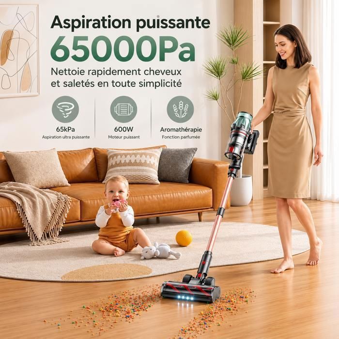 Laresar Aspirateur Balai sans Fil, 65KPa/600W/70 Mins,Tuyau Extensible 1M, Parfumé, Chargement Mural, Poils d'Animaux/Tapis/Voiture