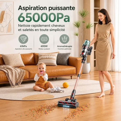 Laresar Aspirateur Balai sans Fil, 65KPa/600W/70 Mins,Tuyau Extensible 1M, Parfumé, Chargement Mural, Poils d'Animaux/Tapis/Voiture
