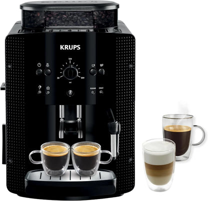 Krups Machine à café grain, 1,7 L, 2 tasses en simultané, Nettoyage automatique, Buse vapeur pour Cappuccino, Cafetière espresso, Essential noire YY8125FD, Noir