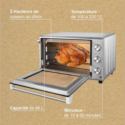 Four électrique à convection, 46L avec Tournebroche, 6 modes de cuisson, Lèchefrite avec pince, Grille de cuisson - Noir/Inox