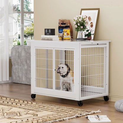 Cage pour chien meuble - Memkey - 80 x 56 x 69,5 cm - Panneau de particules et acier blanc - Roulettes, double porte