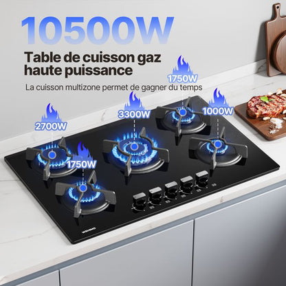 Plaque de Cuisson Gaz - WEHIMO - 5 Feux - Inox - Encastrable - 76x50 cm