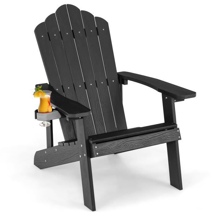 COSTWAY Fauteuil de Jardin Adirondack en HIPS Bois Massif Imperméable avec Porte-Gobelet Charge 170KG pour Piscine Terrasse, Noir