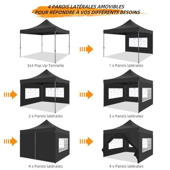 Tonnelle 3x3m Tonnelle Pliante de Jardin imperméable avec 4 côtés - Barnum Pliable Pavillon extérieur - Noir
