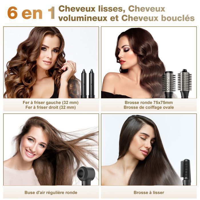 Brosse soufflante haute vitesse - MCURO - 6 en 1 1500W - 3 Vitesses & 3 Températures - Thermostat intelligent - Soin Cheveux - Gris