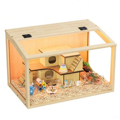 Cage à Hamster en Verre Trempé - Cage pour Rongeurs avec Étagère Inférieure, Éclairage LED Intégré, 80x39.6x116cm