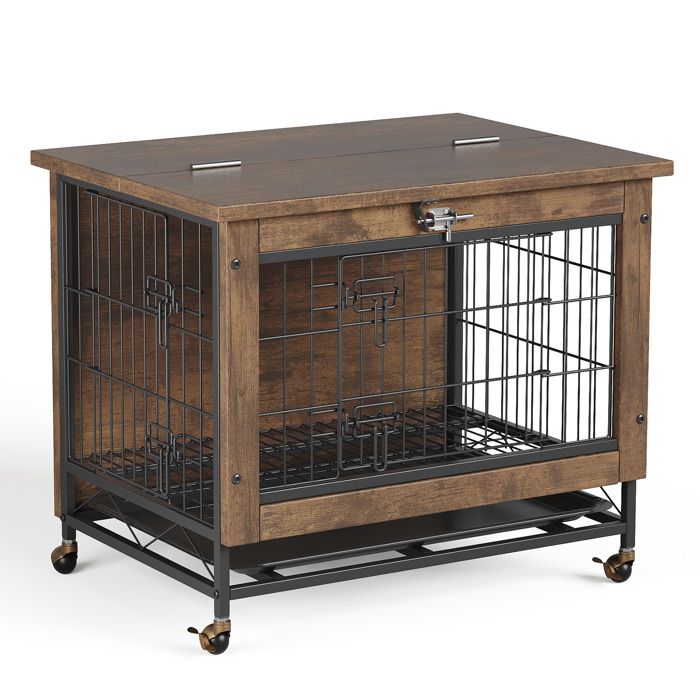 Cage pour Chien en Bois avec Roues – Table d'Appoint Meuble pour Chien – Double Portes & Toit Ouvrant, Marron Rustique