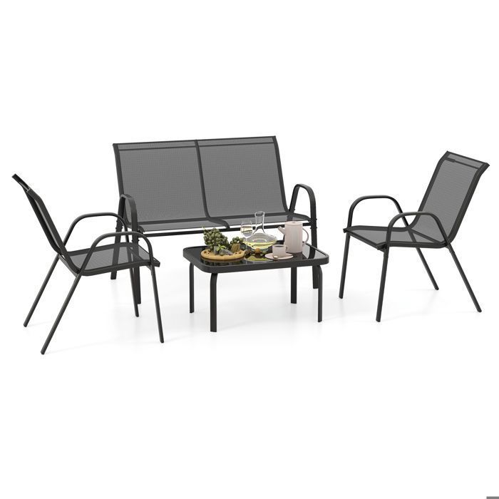 COSTWAY 4 PCS Ensemble Table et Chaises de Jardin Extérieur, Chaises et Causeuse avec Siège en Tissu, Plateau en Verre Trempé, Bleu