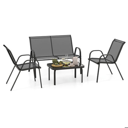 COSTWAY 4 PCS Ensemble Table et Chaises de Jardin Extérieur, Chaises et Causeuse avec Siège en Tissu, Plateau en Verre Trempé, Bleu