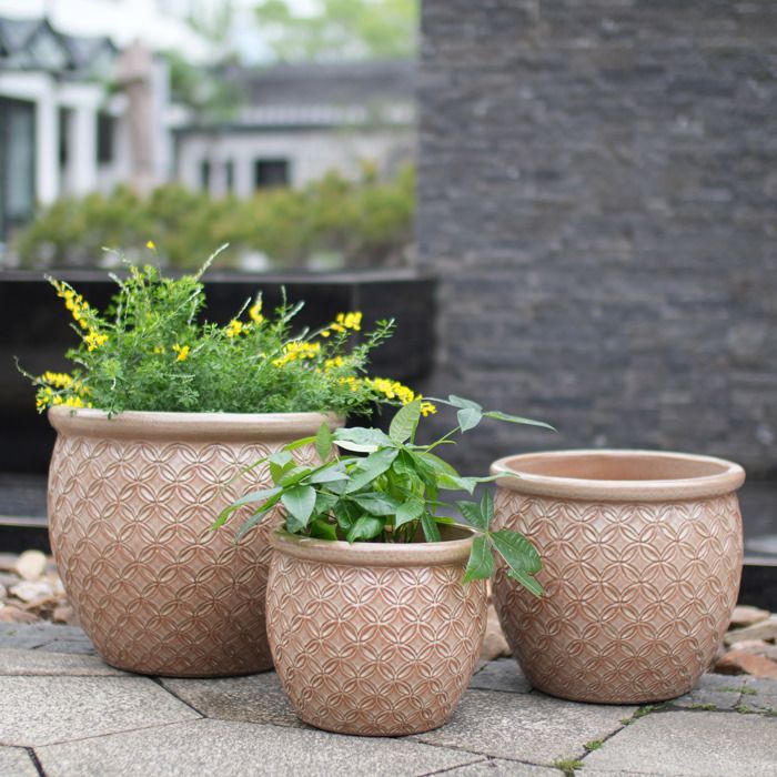 Lot de 3 Pots de Fleur en Céramique - 38,5/30,5/23 cm - Grand Bac à Fleurs avec Trou de Drainage - Vase Design - Beige