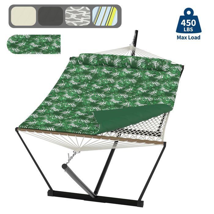 Hamac Double avec Support - 450 lbs, Toile Coton & Coussin Amovible - Pour Jardin, Intérieur/Extérieur, Vert