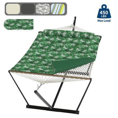 Hamac Double avec Support - 450 lbs, Toile Coton & Coussin Amovible - Pour Jardin, Intérieur/Extérieur, Vert