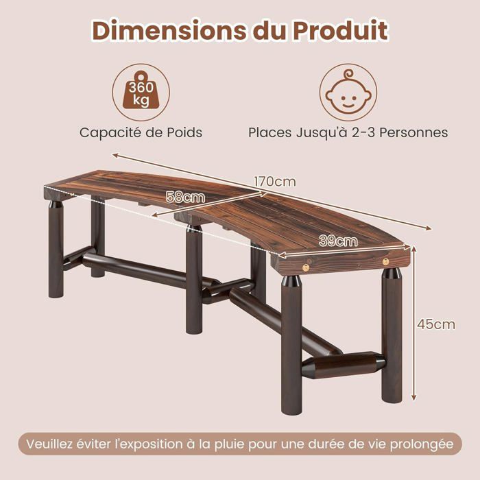 Banc de Jardin Extérieur Incurvé COSTWAY, Bois Massif, 2-3 Personnes, sans Dossier, Charge 360 kg, pour Patio Piscine, Naturel
