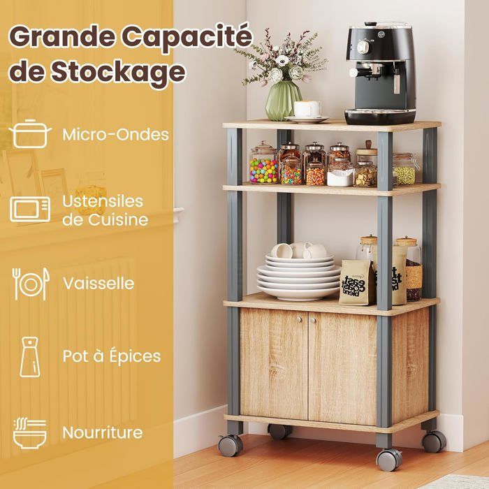 Meuble pour Micro Onde Étagère de Cuisine pour Four en Bois avec 3 Couches Roues 60 x 40 x 98 CM Noir