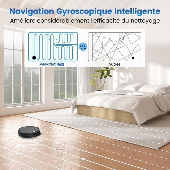 Aspirateur Robot Laveur 3 en 1 AIRROBO P30, 4000Pa Laveur Poils Animaux, 120Min, 7,8cm Ultra-Mince Silencieux, Charge-Auto