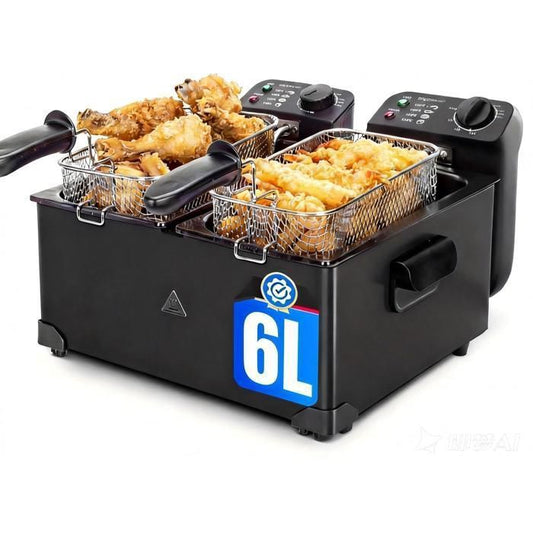 Aigostar Feast-Friteuse à Double cuve Indépendantes 0% BPA. 3600W, capacité totale 6L:2 x 3L. 2 couvercles et fenêtres et 2 paniers.