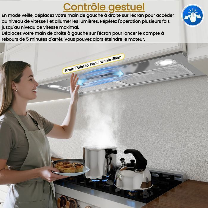 Hotte Aspirante-hotte encastrable-750 m³/h-L 52cm Kichpower -Gestuelle - Tactile - Booster - Recyclage avec Filtre à Charbon - A+++