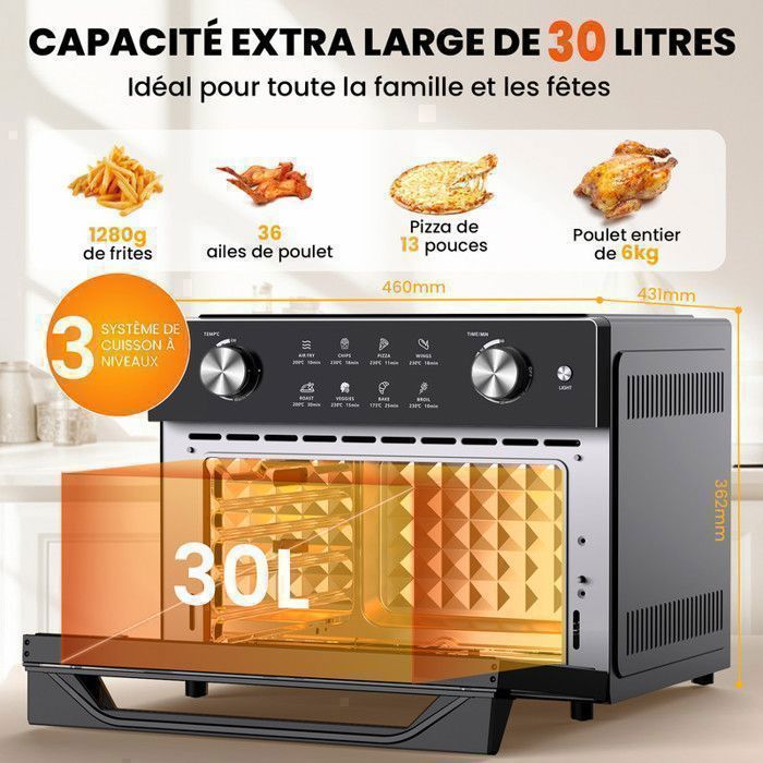 Friteuse sans Huile 12L - Panier Flexible - Écran LED - Cuisson 360° Sans Huile - 10 Programmes - Fenêtre transparente - Air fryer