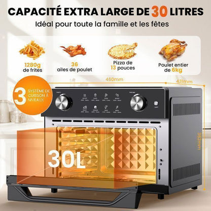 Friteuse sans Huile 12L - Panier Flexible - Écran LED - Cuisson 360° Sans Huile - 10 Programmes - Fenêtre transparente - Air fryer