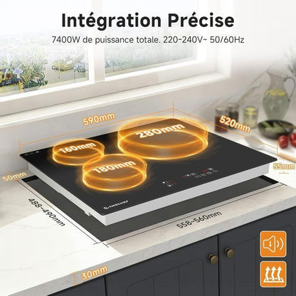 Table de cuisson 3 foyers AMZCHEF 9 niveaux de puissance 7400W avec 3 boosters Encastrable
