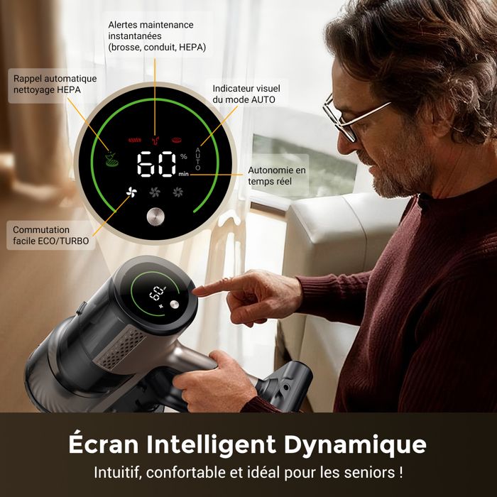 Proscenic Aspirateur balai sans fil PO20 -Sec/Humide -80kPa/180AW -Réglage automatique de la puissance-70Min -Auto-Portant -GreenEye