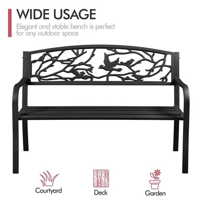 Yaheetech Banc de Jardin en Métal Banc Extérieur avec Dossier à Motif d'oiseau Siège à Lattes 127 x 63 x 86 cm