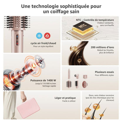 Brosse Soufflante Multifonction à haute vitesse 7 en 1 1400W | Ionique & NTC | Lisseur & Boucleur Auto | 12 Modes | Or Champagne