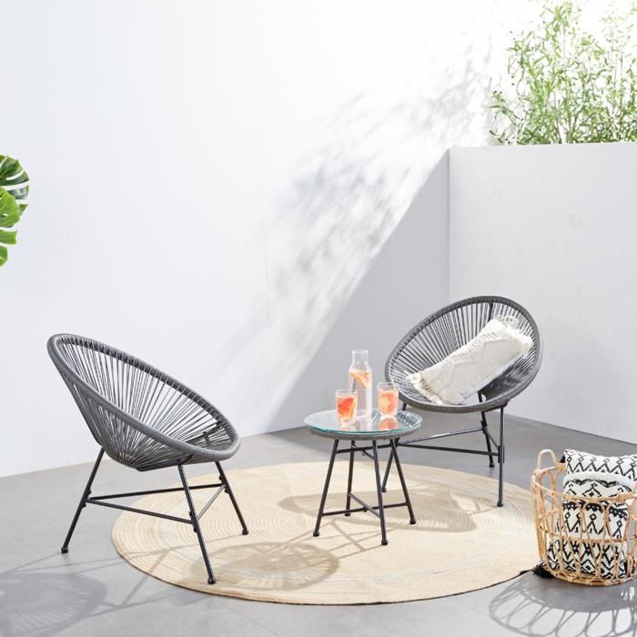 Acapulco : Ensemble 2 fauteuils oeuf + table basse gris clair