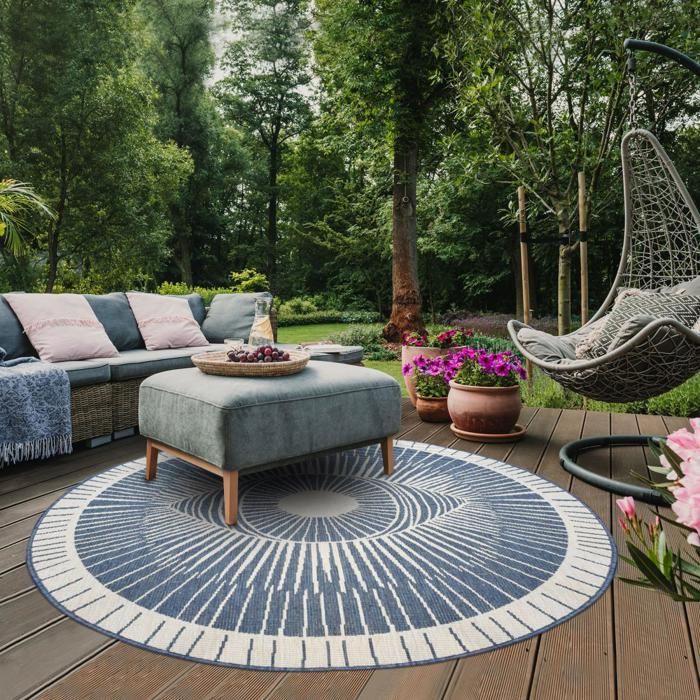 Tapis rond d'extérieur, kilim reversible Ø120cm LYN2 B ROND REVERSIBLE orange et crème