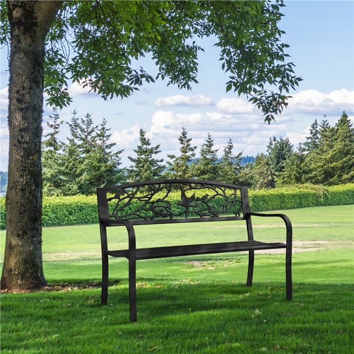 Yaheetech Banc de Jardin en Métal Banc Extérieur avec Dossier à Motif d'oiseau Siège à Lattes 127 x 63 x 86 cm