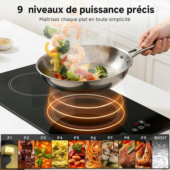 Table de cuisson 3 foyers AMZCHEF 9 niveaux de puissance 7400W avec 3 boosters Encastrable
