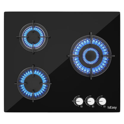 Plaque gaz encastrable - ISEASY - 4 feux 60 cm - Verre trempé - Supports fonte - Compatible NG/GPL