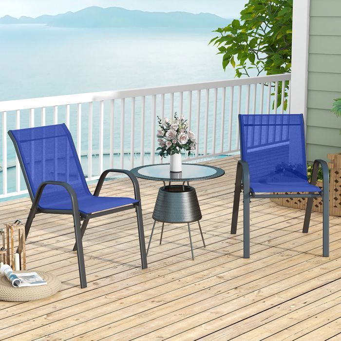 COSTWAY Lot de 2 Chaises de Jardin, Tissu Respirant, Chaises à Manger Empilables avec Accoudoirs, pour Patio Terrasse Porche, Bleu