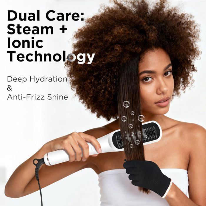 Brosse Lissante à Vapeur Pro, PARWIN PRO BEAUTY, Affichage LED, Ions & Vapeur pour Soin Double, 4 Réglages de Température – Blanc
