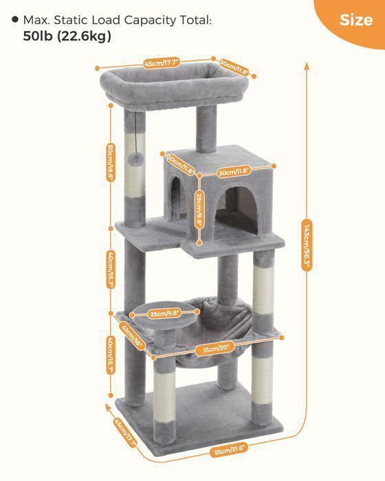 PAWZ Road Arbre à chat Design Spacieux Grande Hamac Dur Stable Avec hamac et belle maison pour chat - Cactus vert - 143 cm