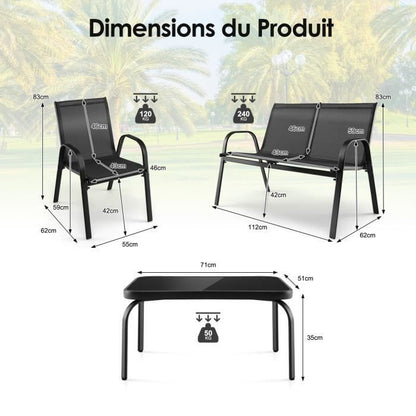 COSTWAY 4 PCS Ensemble Table et Chaises de Jardin Extérieur, Chaises et Causeuse avec Siège en Tissu, Plateau en Verre Trempé, Bleu