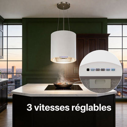 FIREGAS Hotte îlot suspendue 35 cm, 700 m³/h, 3 vitesses, éclairage LED, arrêt différé, 2 filtres à charbon – Blanc Mat