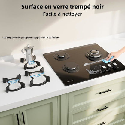 Plaque de Cuisson Gaz - WEHIMO - 3 Brûleurs - Verre Trempé - Allumage par Impulsion - 60x51 cm
