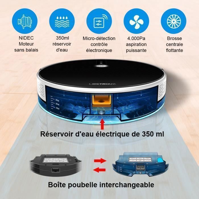 LIECTROUX C30B - Aspirateur Robot Gyro 4000Pa - 120min - APP - Brosse Centrale - Bac séparé poussière & eau - Silencieux - Animaux