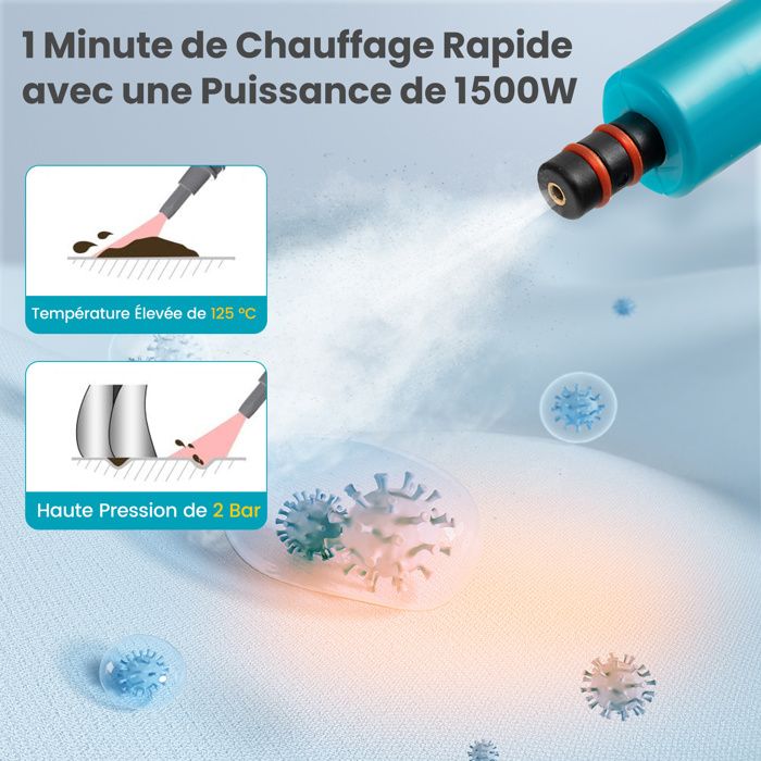 Nettoyeur Vapeur à Main 1500W Punaises de Lit COSTWAY-Réservoir 400 ml-2 Bar-14 Accessoires-125 ℃-Verrou de Sécurité Enfants-Bleu