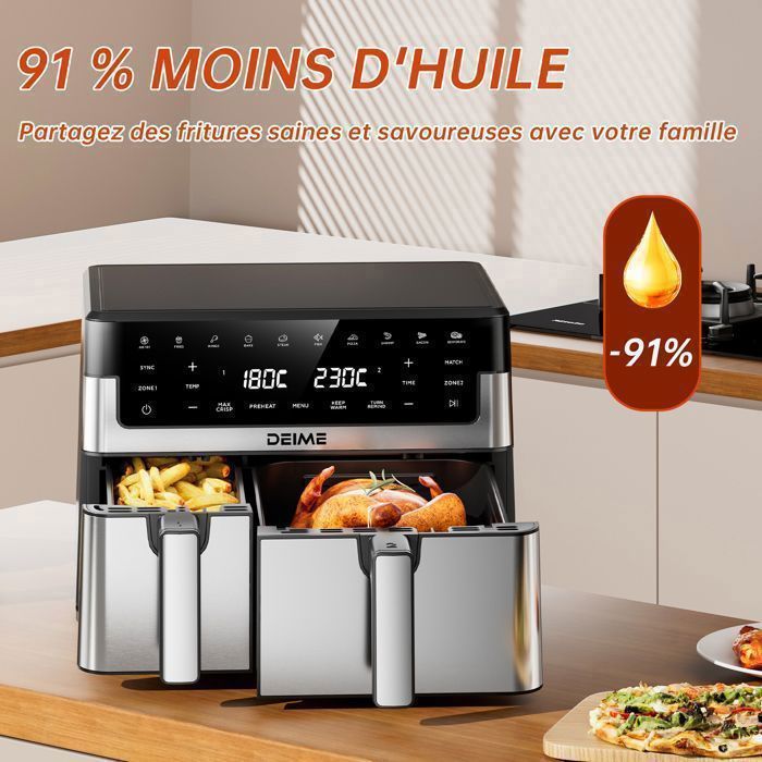 DEIME Air Fryer 6.5L+3.5L - Friteuse sans Huile 10L - Double cuve - 10 Programmes de cuisson - 2800W - Noir