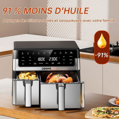 DEIME Air Fryer 6.5L+3.5L - Friteuse sans Huile 10L - Double cuve - 10 Programmes de cuisson - 2800W - Noir
