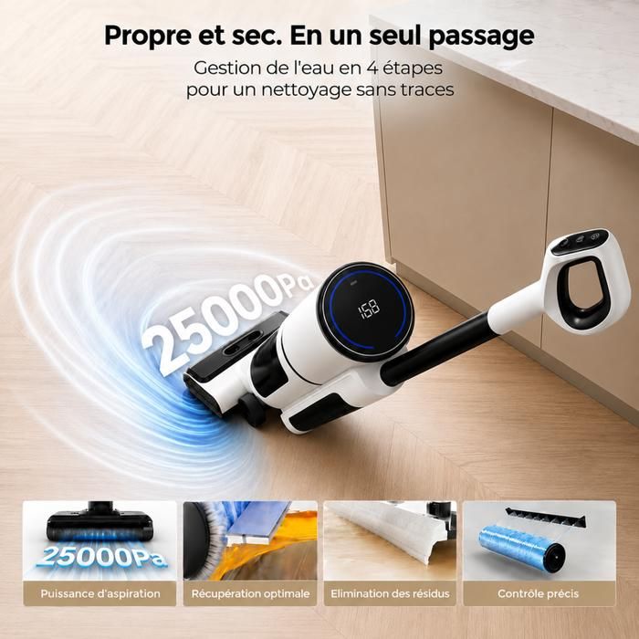 LARESAR M5 Aspirateur laveur 3‑en‑1 sans fil – 25 kPa– Auto‑nettoyage – Système de séchage – Anti‑odeurs – LED – Anti‑enchevêtrement