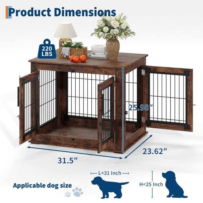 Cage pour Chien en Bois Rustique avec Double Porte – Meuble d'Appoint Style Ferme Cage pour Chien Meuble 80×60x66cm, Brun