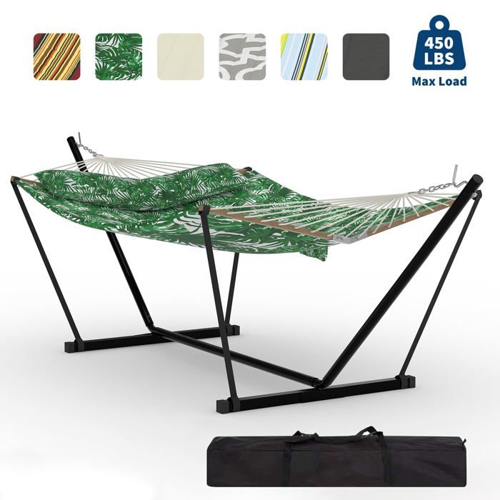 Hamac Double avec Support - 450 lbs, Toile Coton & Coussin Amovible - Pour Jardin, Intérieur/Extérieur, Vert