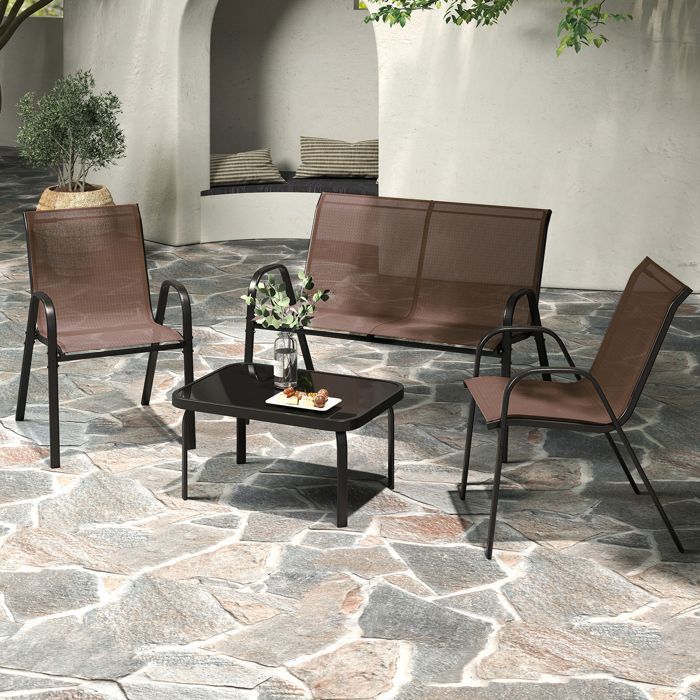 COSTWAY 4 PCS Ensemble Table et Chaises de Jardin Extérieur, Chaises et Causeuse avec Siège en Tissu, Plateau en Verre Trempé, Bleu