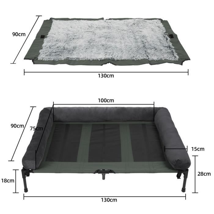 BingoPaw Lit de Camp pour Chien XXL Lit Surélevé Chien Grande Taille Transat Chien Extérieur 130 x 90 x 18cm