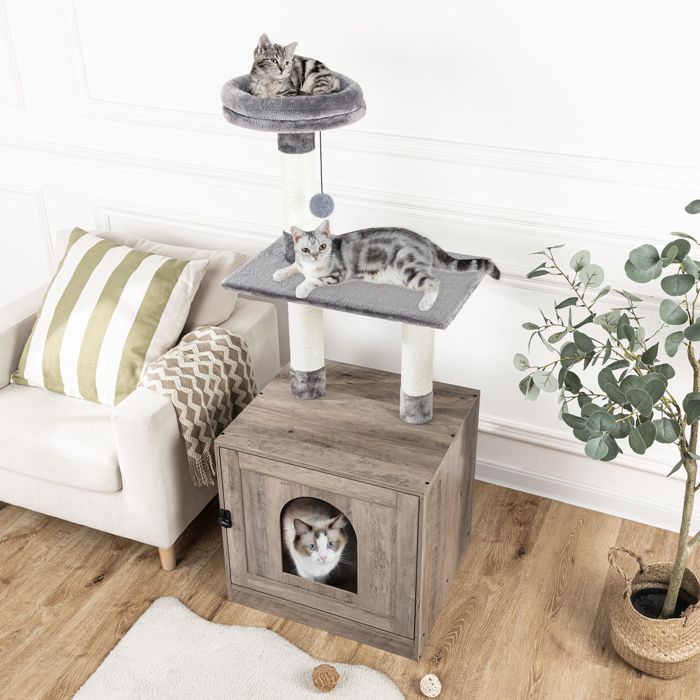 Arbre à Chat avec Maison de Litière pour Chat-HOOBRO-Maison pour Chat en Bois avec Tour à Chat-60 x 45 x 151 cm-Grège