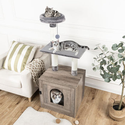 Arbre à Chat avec Maison de Litière pour Chat-HOOBRO-Maison pour Chat en Bois avec Tour à Chat-60 x 45 x 151 cm-Grège
