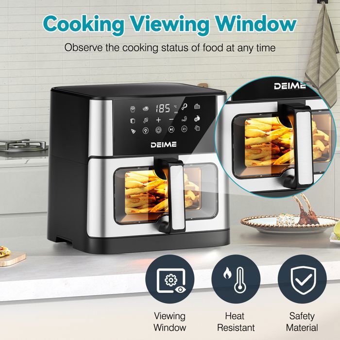 DEIME Friteuse à air sans huile 10L, Air Fryer 1800 W avec 10 Préprogrammes, Écran Tactile LED, Fenêtre Transparente